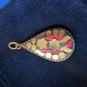 Vintage exotic handmade solid brass pendant inlaid with natural red coral